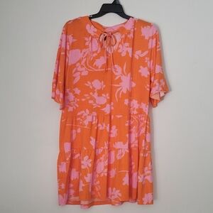 Floral Tie-Neck Tiered  Dress in Orange & Pink